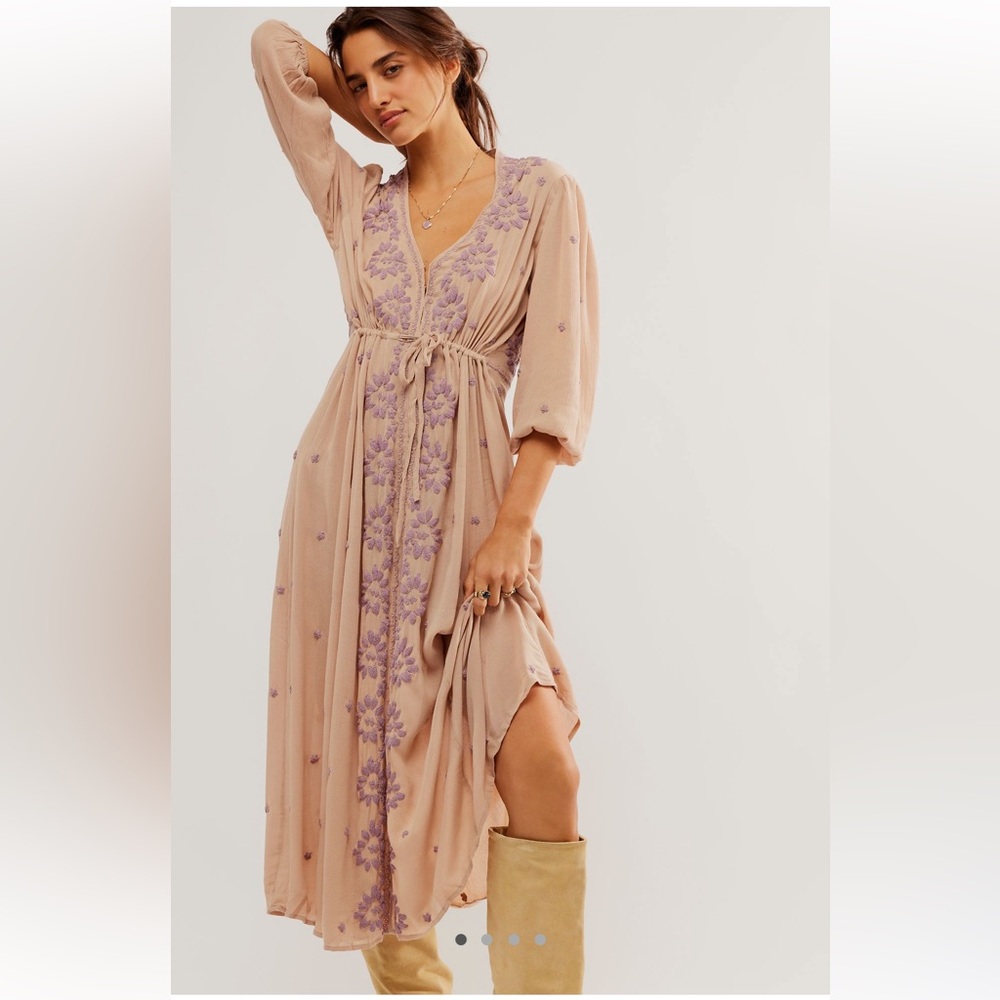Free People Fable Dusty Lavender Embroidered Maxi Dress M Rare